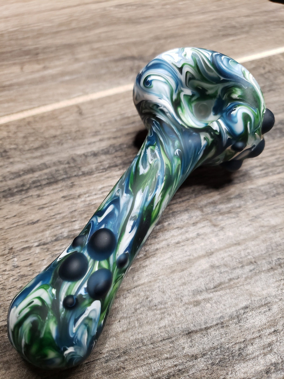 Sanblasted White Spoon With Green & Blue Liquid Swirl